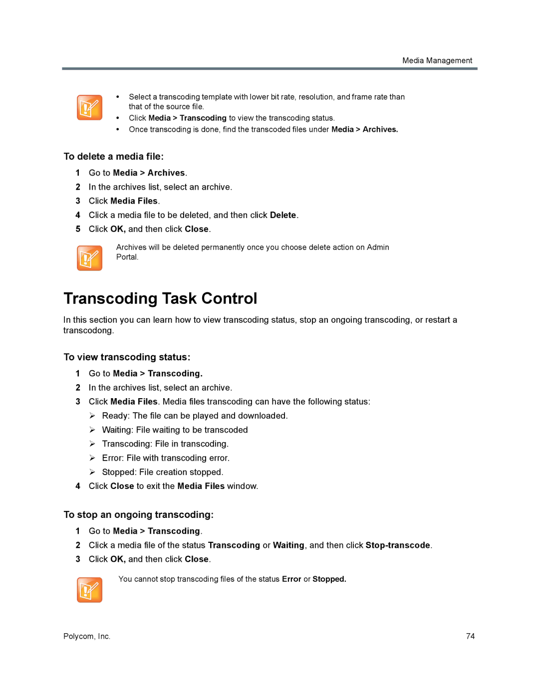 Polycom 40/0 Transcoding Task Control, To delete a media file, To view transcoding status, To stop an ongoing transcoding 