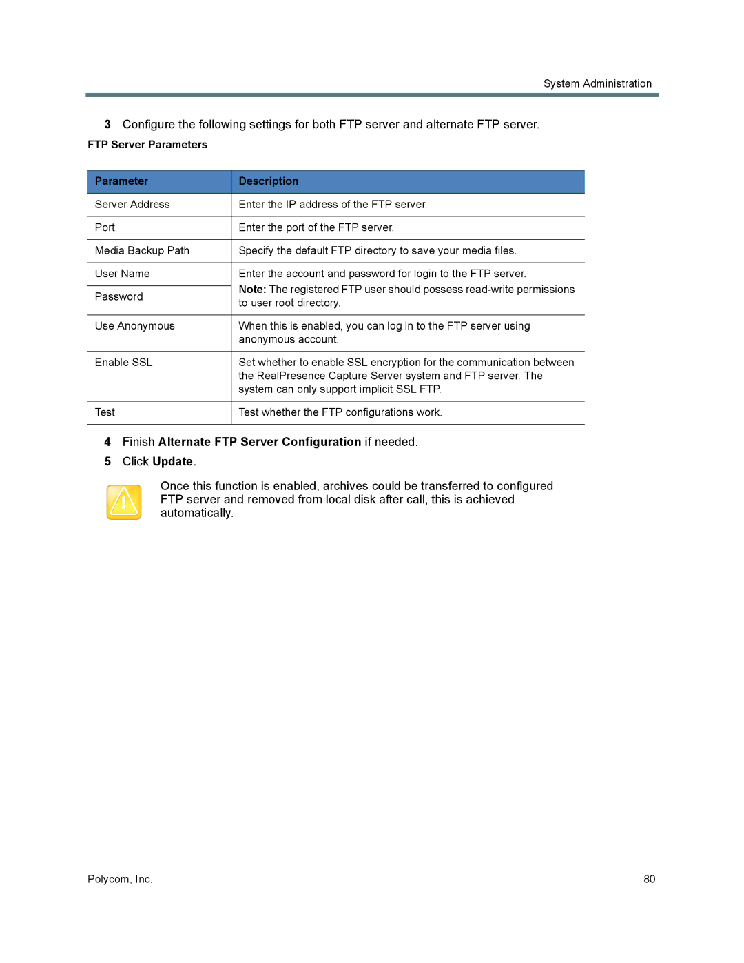 Polycom 40/0 manual Finish Alternate FTP Server Configuration if needed, FTP Server Parameters Description 