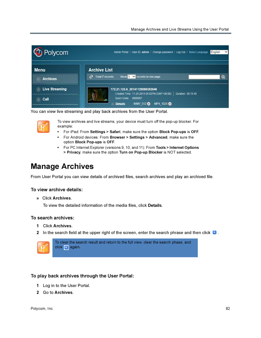 Polycom 40/0 manual To view archive details, To search archives, To play back archives through the User Portal 