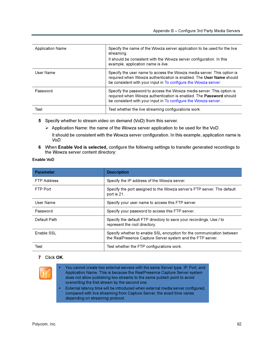 Polycom 40/0 manual Click OK, Enable VoD Parameter Description 