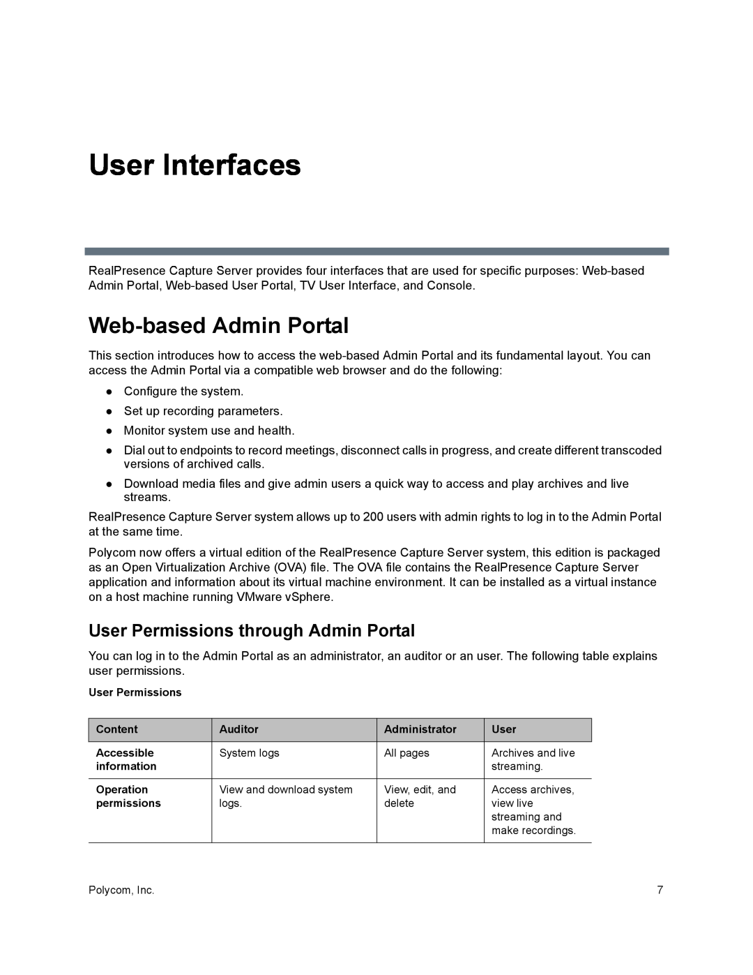 Polycom 40/0 manual User Interfaces, Web-based Admin Portal, User Permissions through Admin Portal 