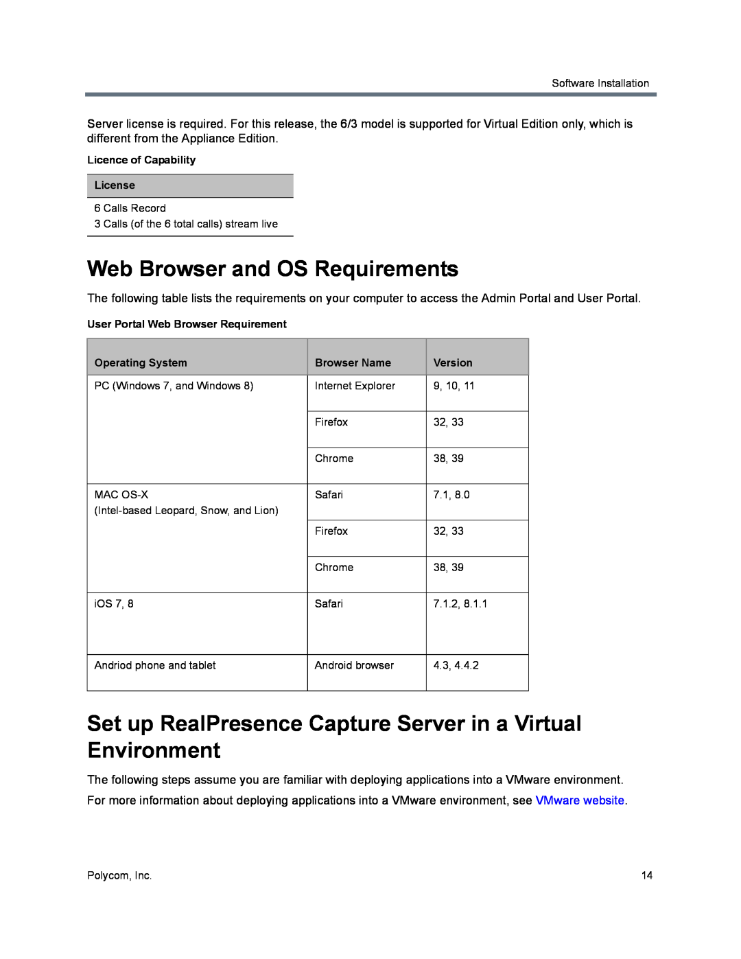 Polycom 40/0 Web Browser and OS Requirements, Set up RealPresence Capture Server in a Virtual Environment, Browser Name 