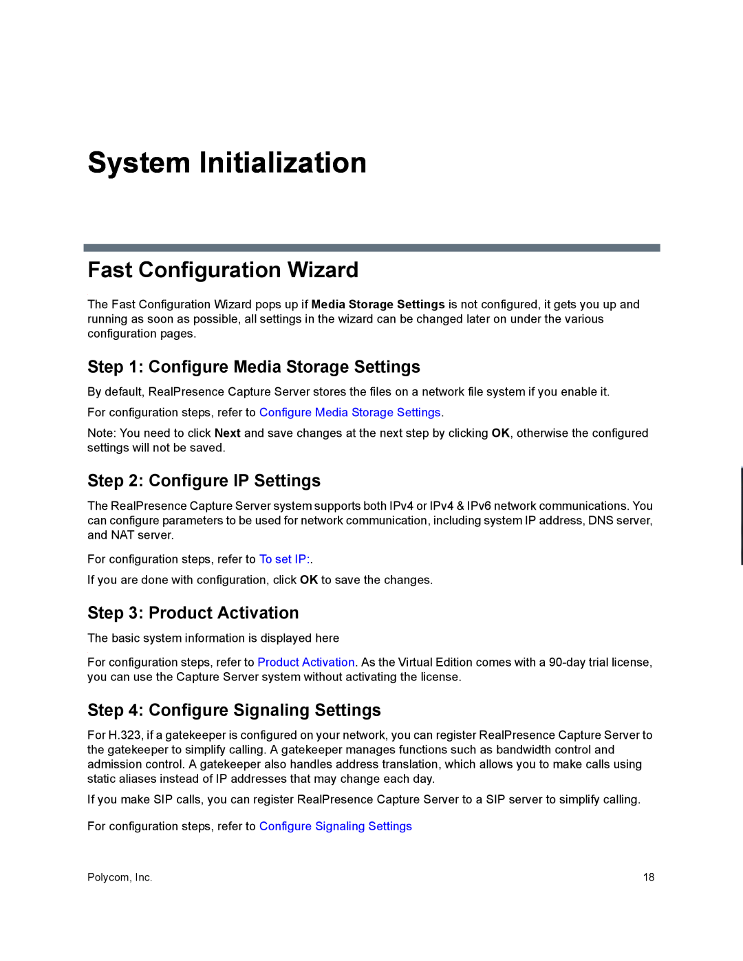 Polycom 40/0 System Initialization, Fast Configuration Wizard, Configure Media Storage Settings, Configure IP Settings 