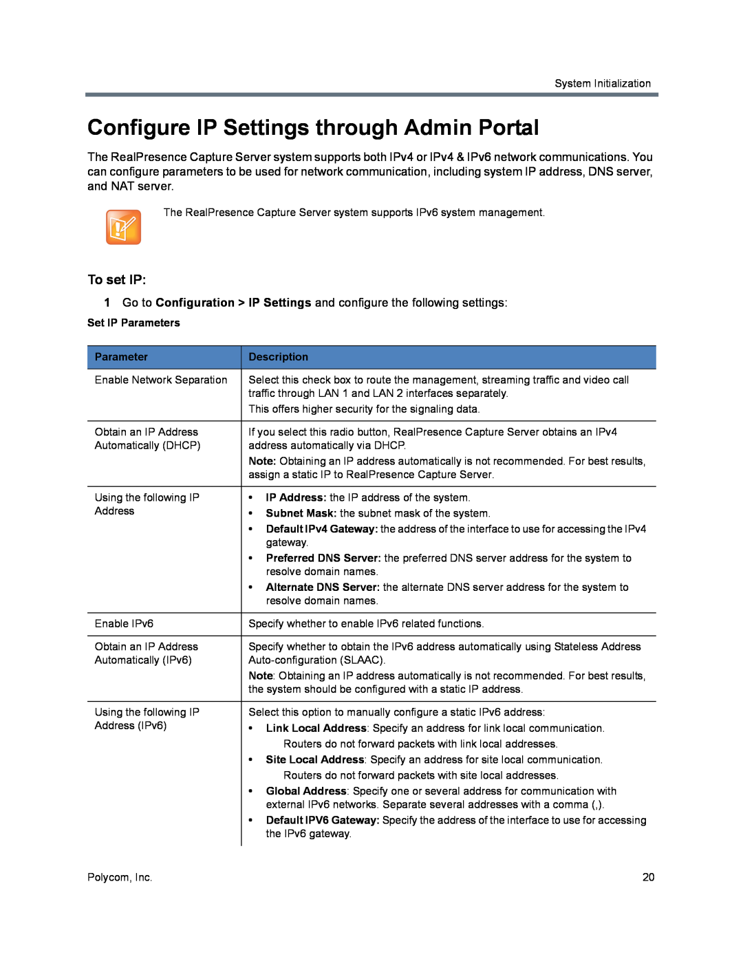Polycom 40/0 manual Configure IP Settings through Admin Portal, To set IP 
