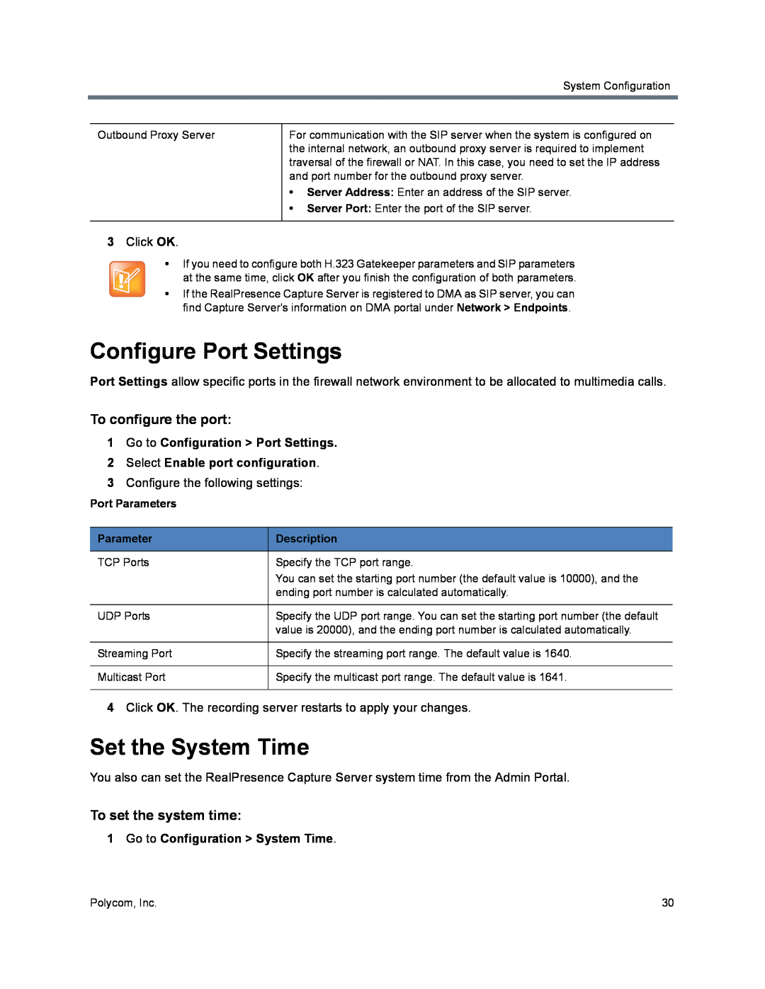Polycom 40/0 Configure Port Settings, Set the System Time, To configure the port, To set the system time, Port Parameters 