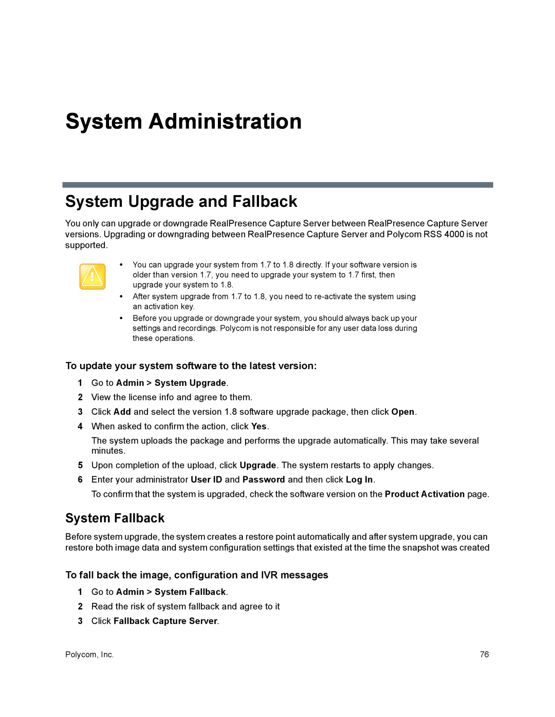 Polycom 40/0 manual System Administration, System Upgrade and Fallback, System Fallback, Go to Admin System Upgrade 