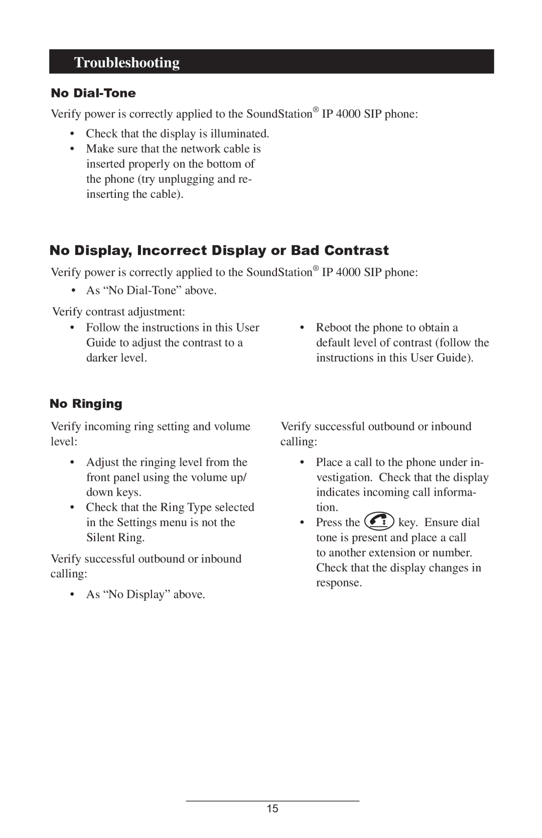 Polycom 4000 SIP 2.2 manual Troubleshooting, No Display, Incorrect Display or Bad Contrast, No Dial-Tone, No Ringing 