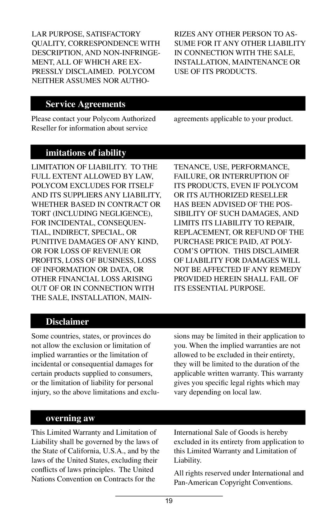 Polycom 4000 SIP 2.2 manual Service Agreements, Limitations of Liability, Disclaimer, Governing Law 