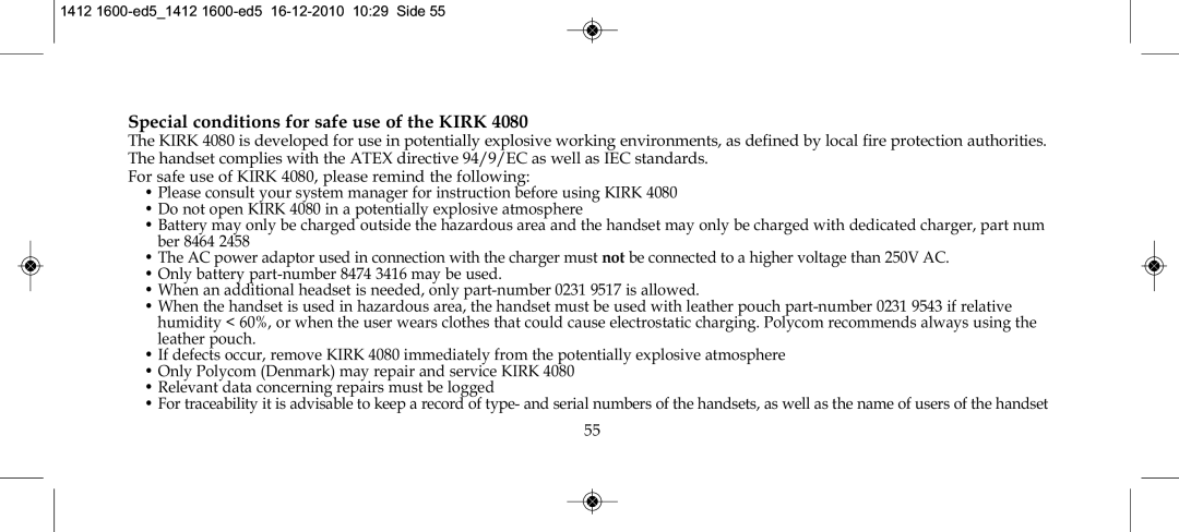 Polycom 4080 manual Special conditions for safe use of the Kirk 