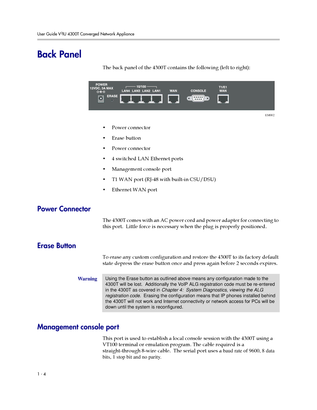 Polycom 4300T manual Back Panel, Power Connector, Erase Button, Management console port 