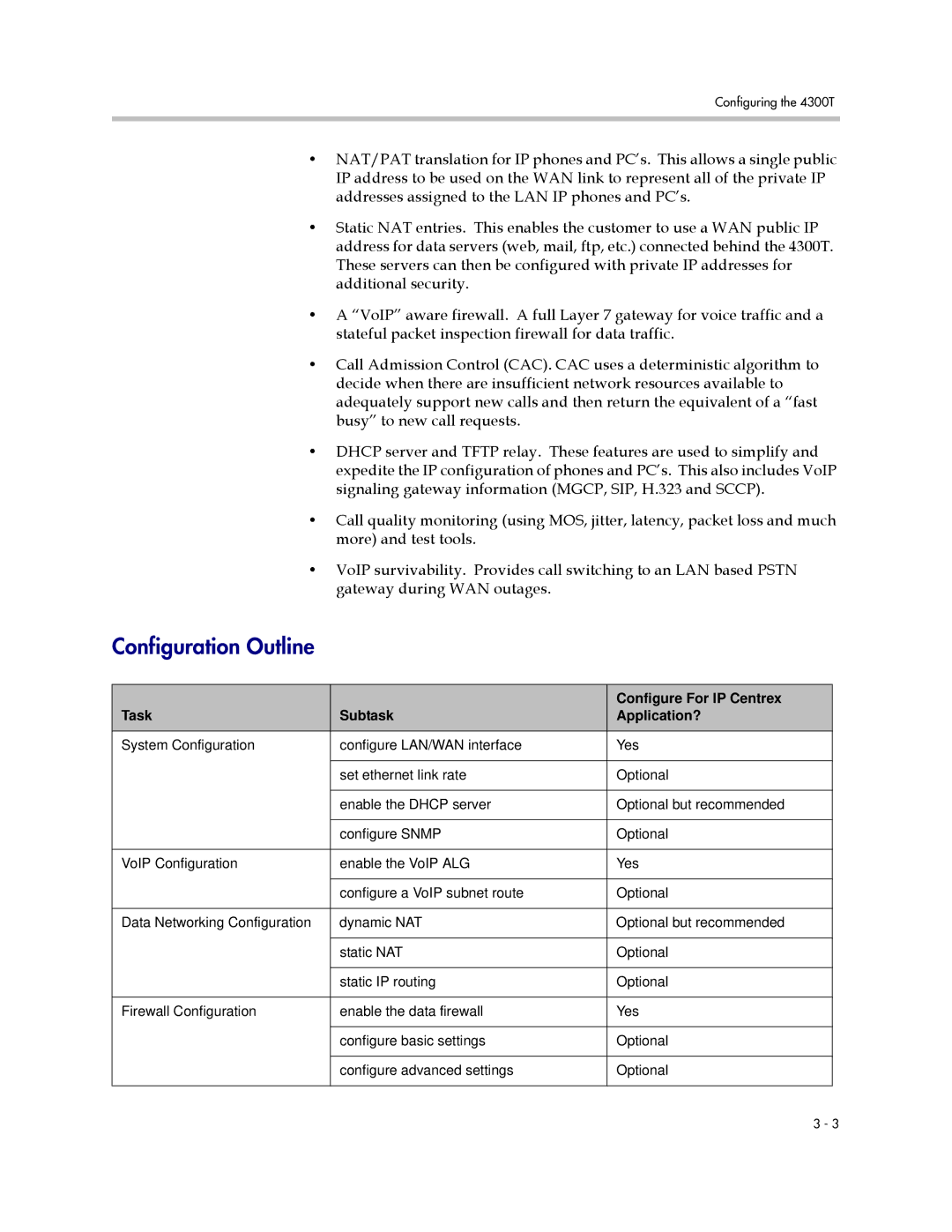 Polycom 4300T manual Configuration Outline, Task Subtask Configure For IP Centrex Application? 