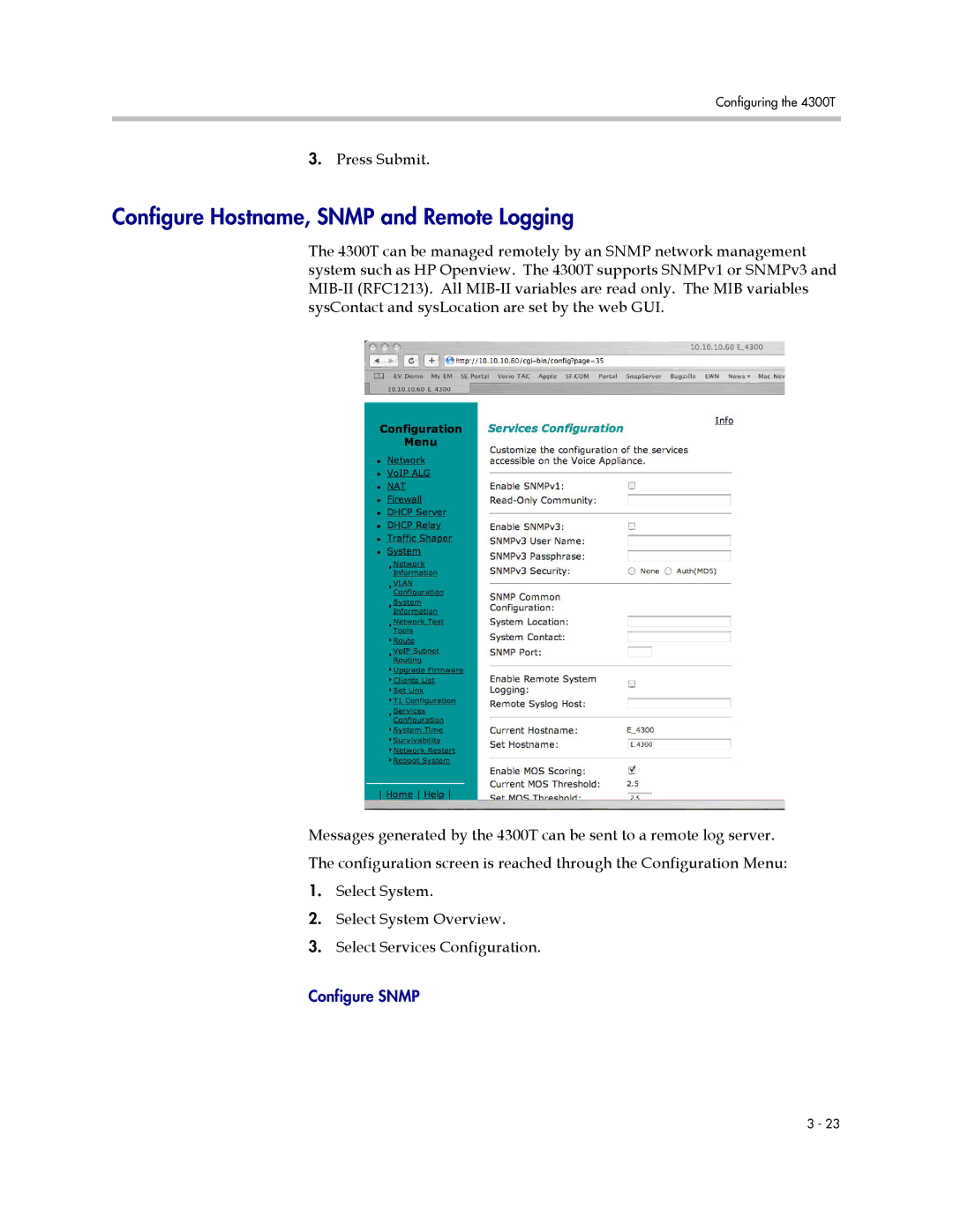 Polycom 4300T manual Configure Hostname, Snmp and Remote Logging 