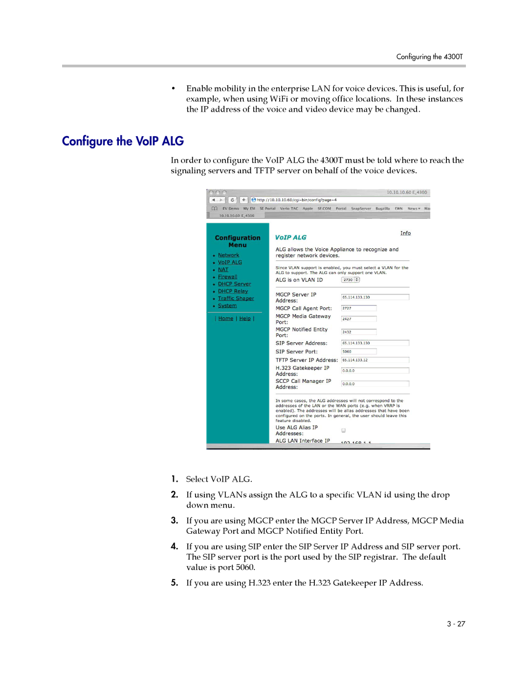 Polycom 4300T manual Configure the VoIP ALG 