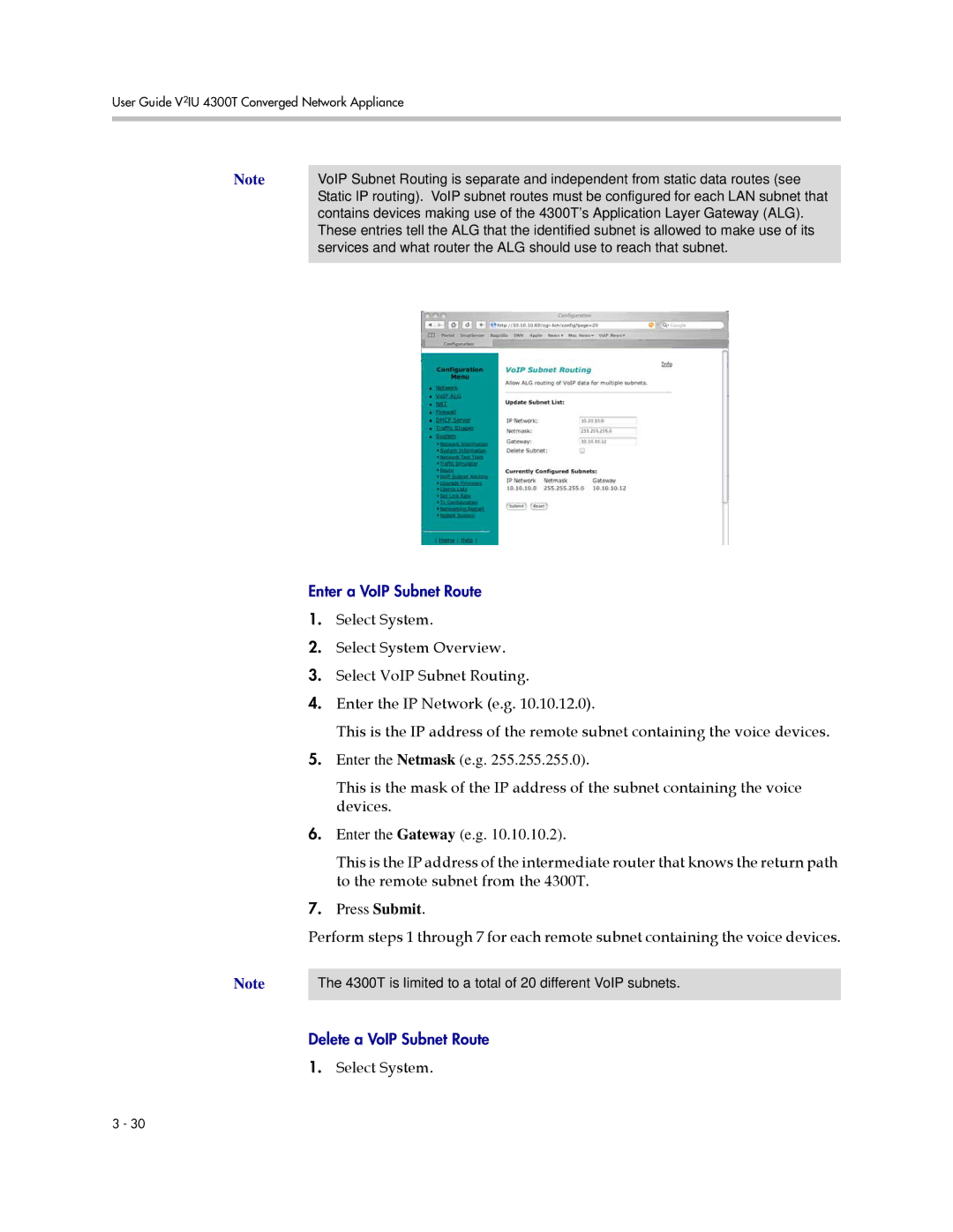 Polycom 4300T manual Enter a VoIP Subnet Route 