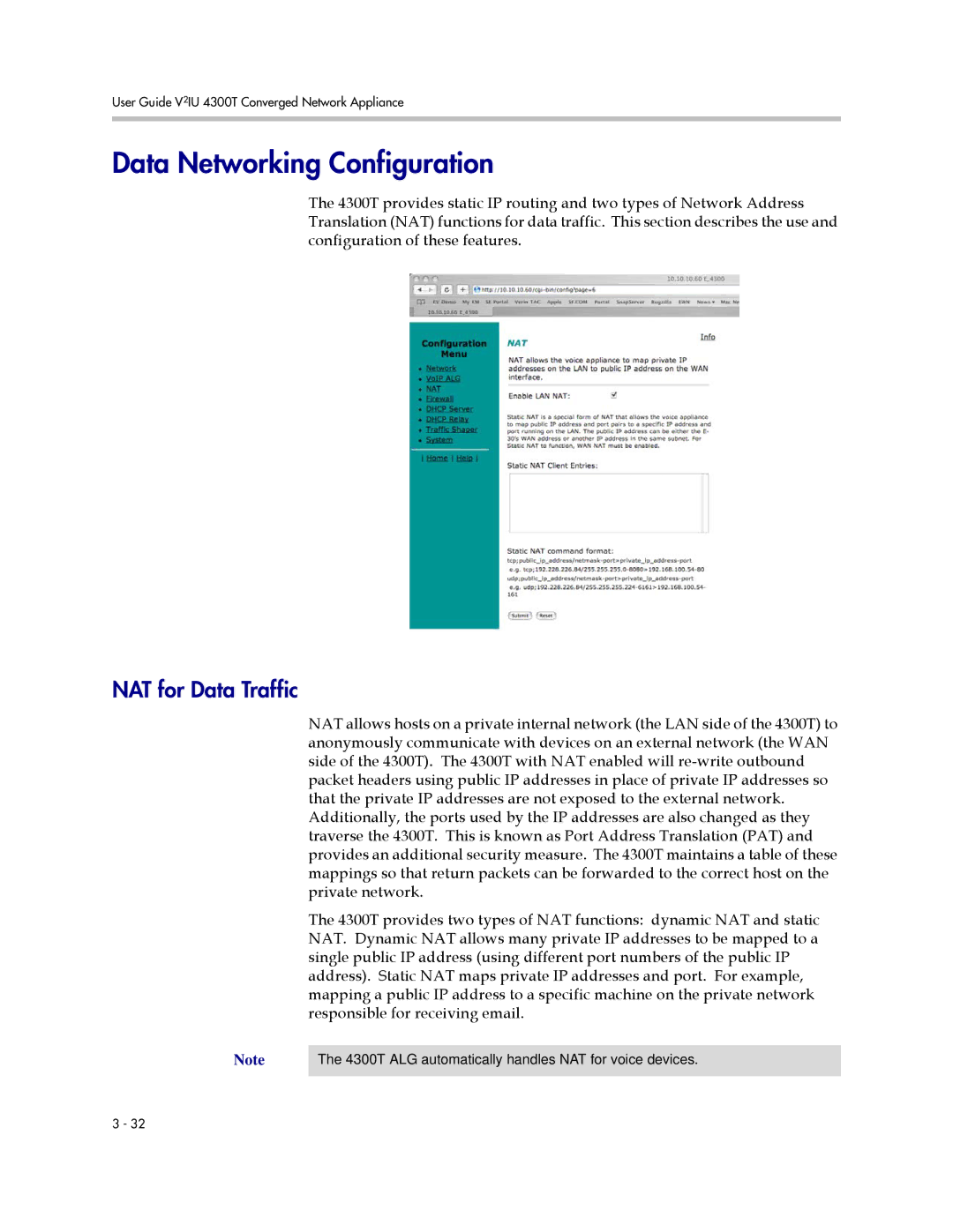 Polycom 4300T manual Data Networking Configuration, NAT for Data Traffic 