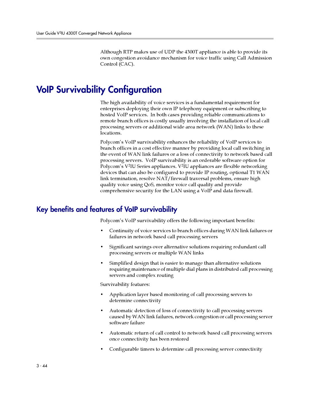 Polycom 4300T manual VoIP Survivability Configuration, Key benefits and features of VoIP survivability 