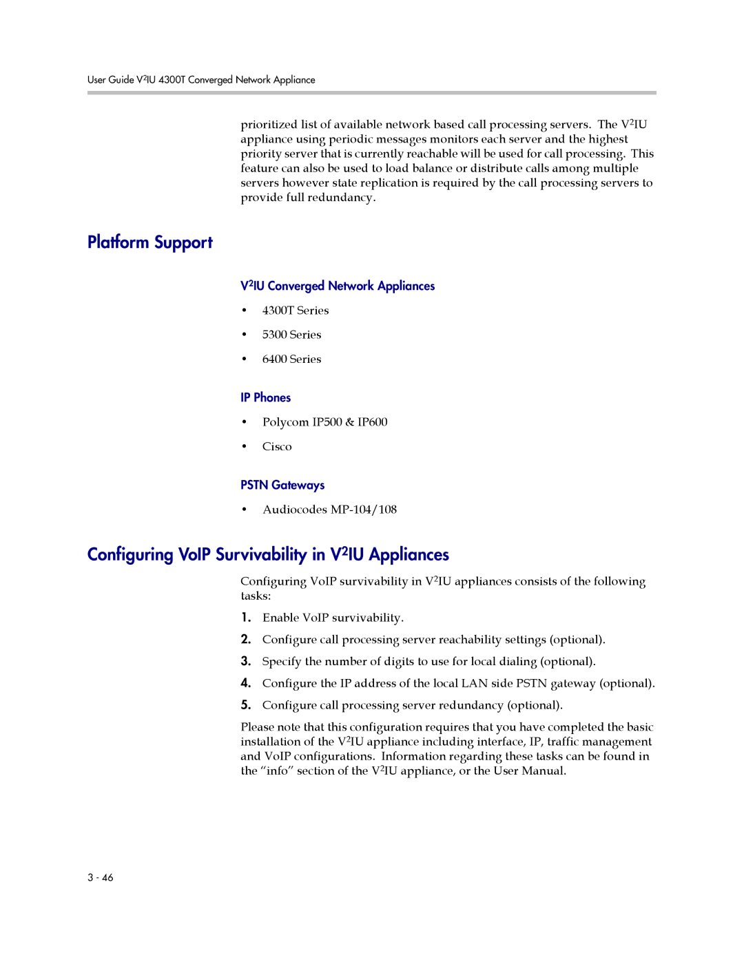 Polycom 4300T manual Platform Support, Configuring VoIP Survivability in V2IU Appliances 