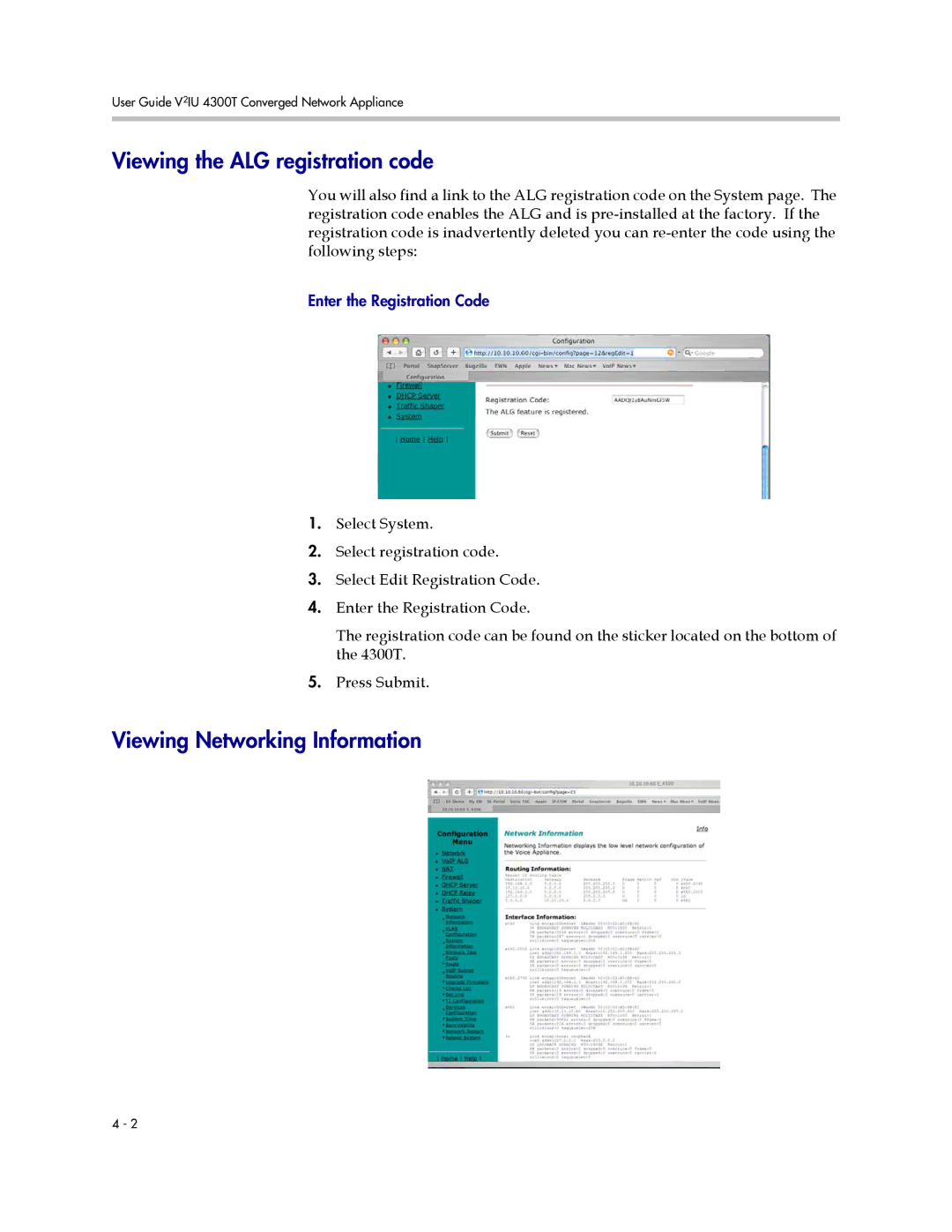 Polycom 4300T manual Viewing the ALG registration code, Viewing Networking Information 