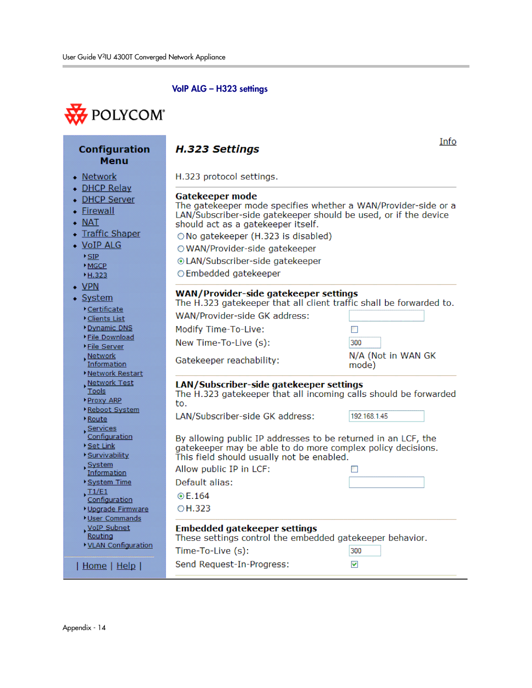 Polycom 4300T manual VoIP ALG H323 settings 