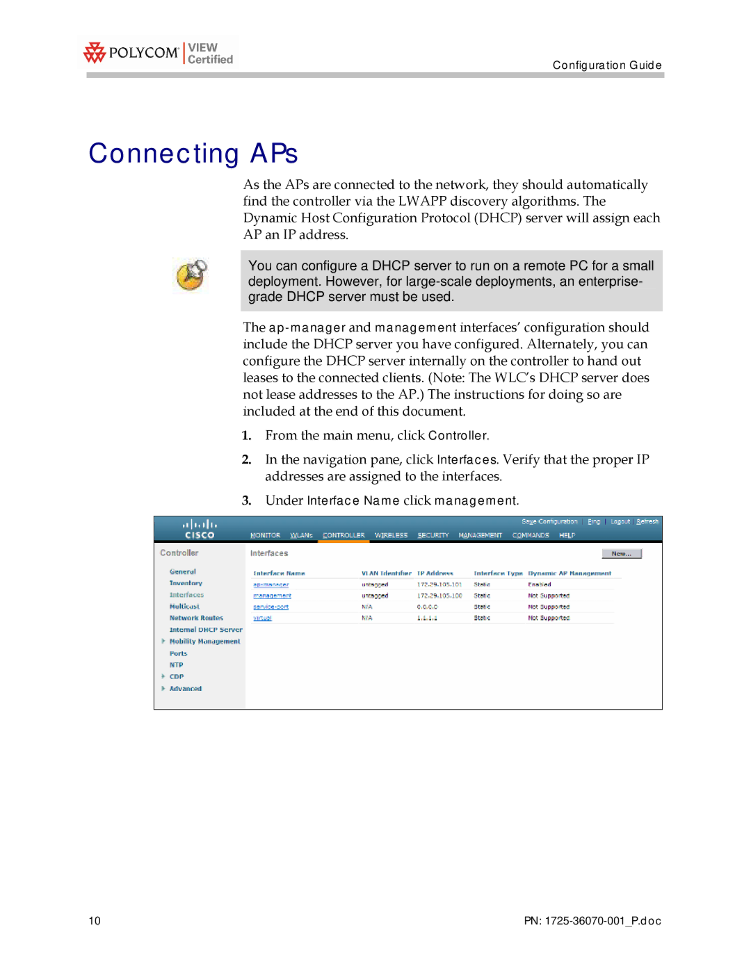 Polycom 4400 manual Connecting APs, Under Interface Name click management 