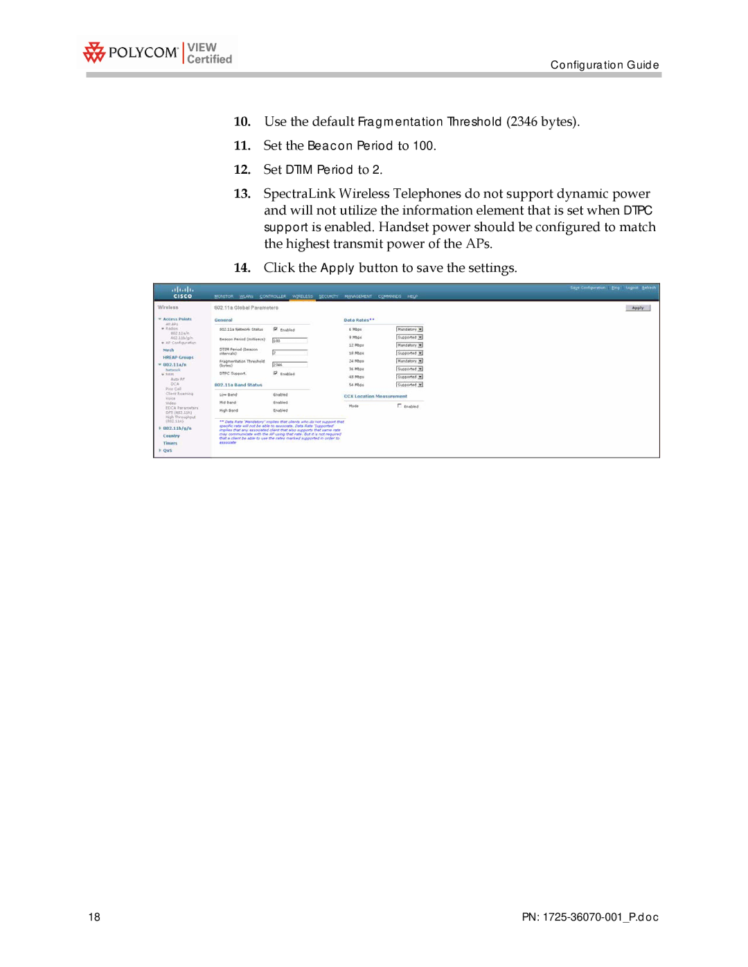 Polycom 4400 manual Use the default Fragmentation Threshold 2346 bytes 