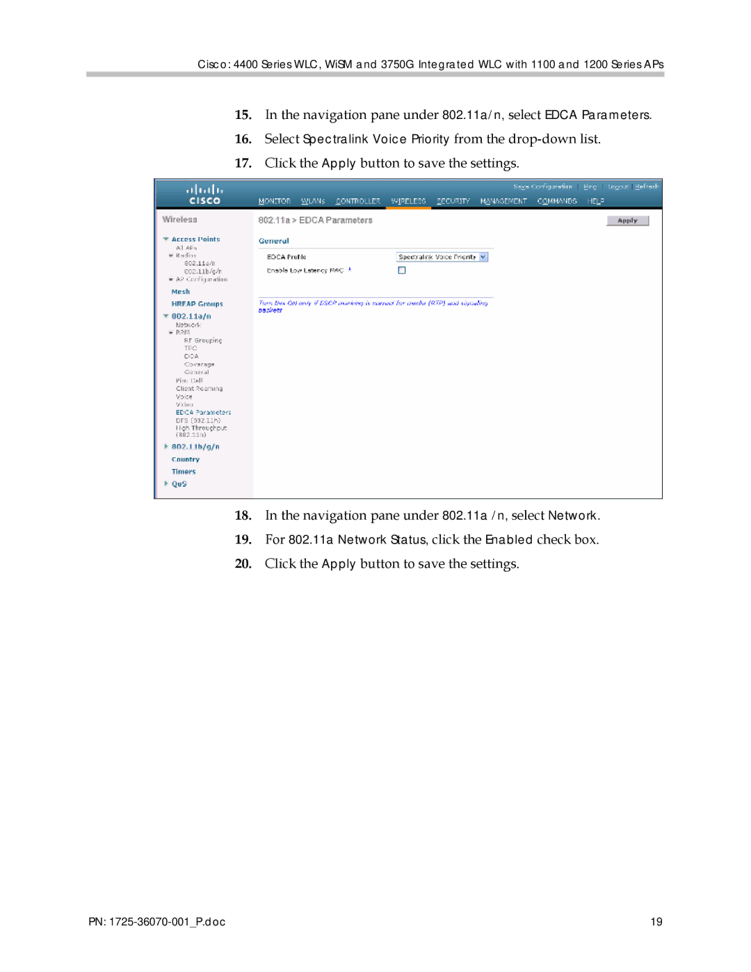 Polycom 4400 manual For 802.11a Network Status, click the Enabled check box 