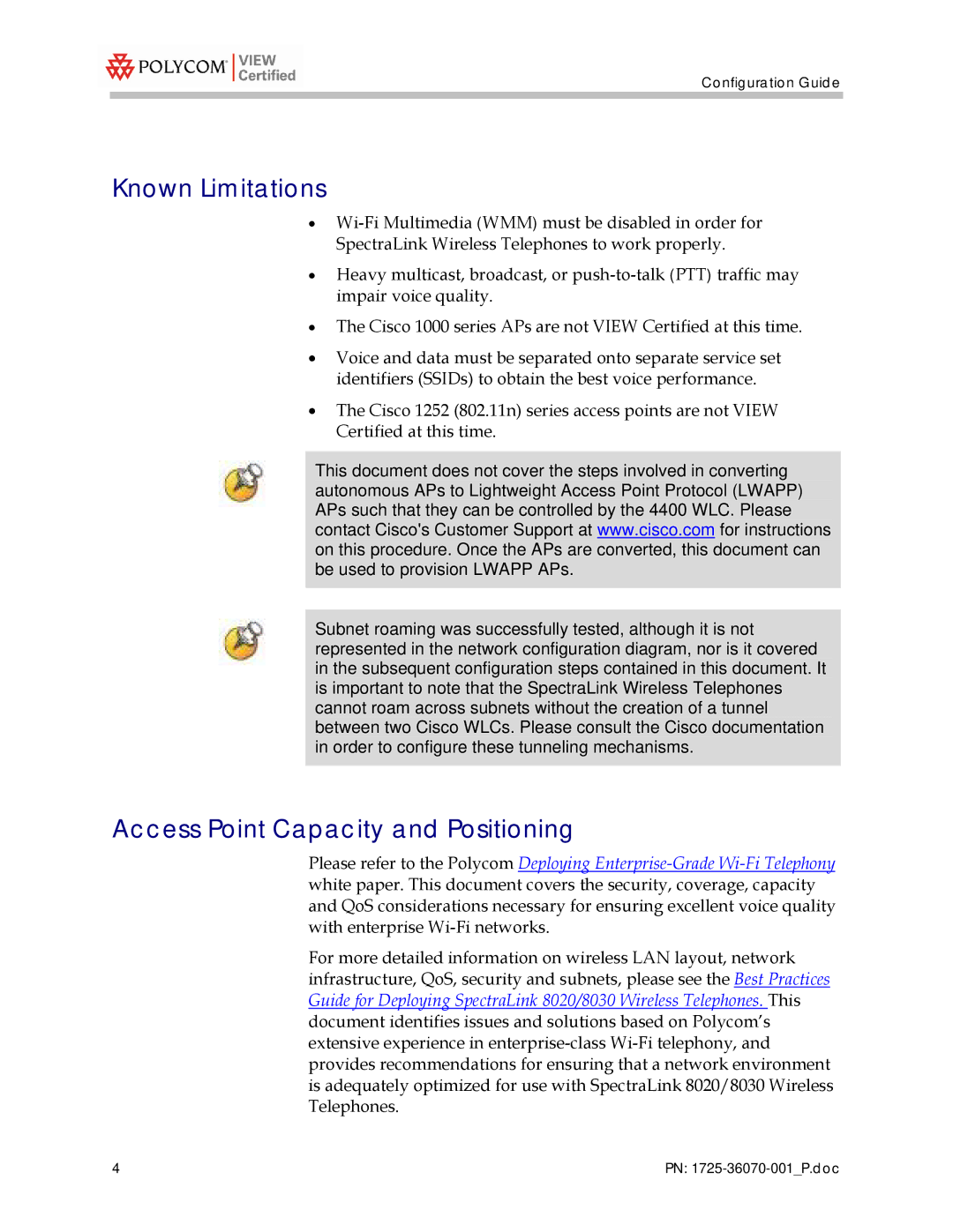 Polycom 4400 manual Known Limitations 