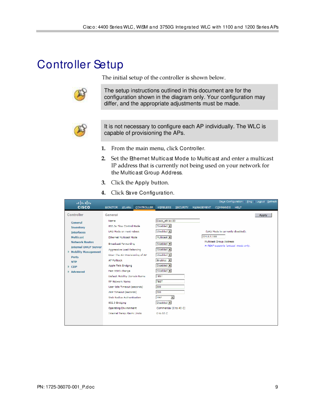 Polycom 4400 manual Controller Setup, Initial setup of the controller is shown below 