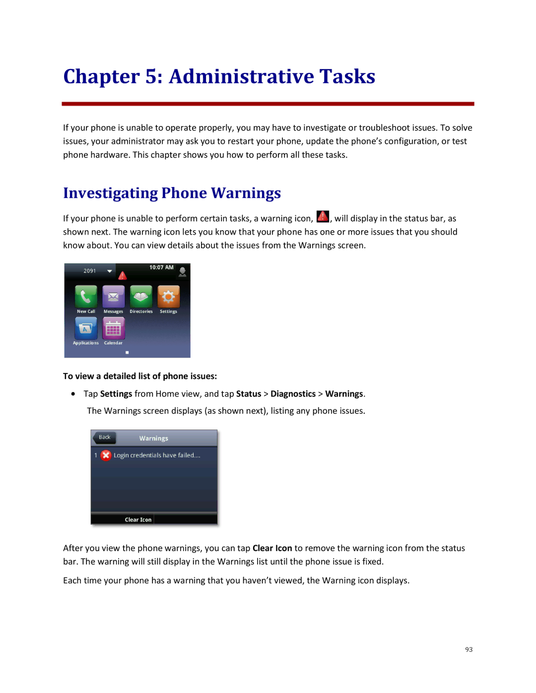Polycom 500 manual Administrative Tasks, Investigating Phone Warnings 