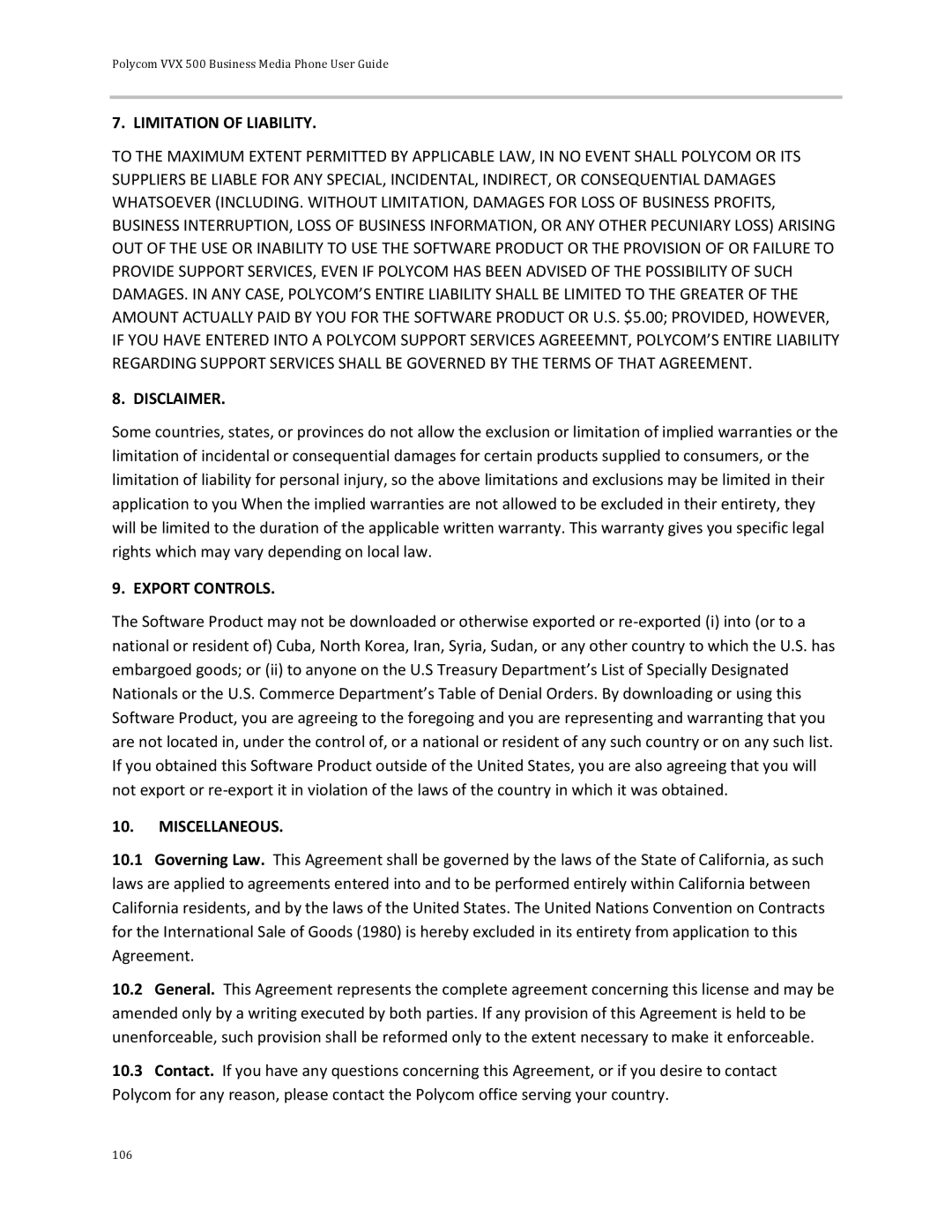 Polycom 500 manual Limitation of Liability 