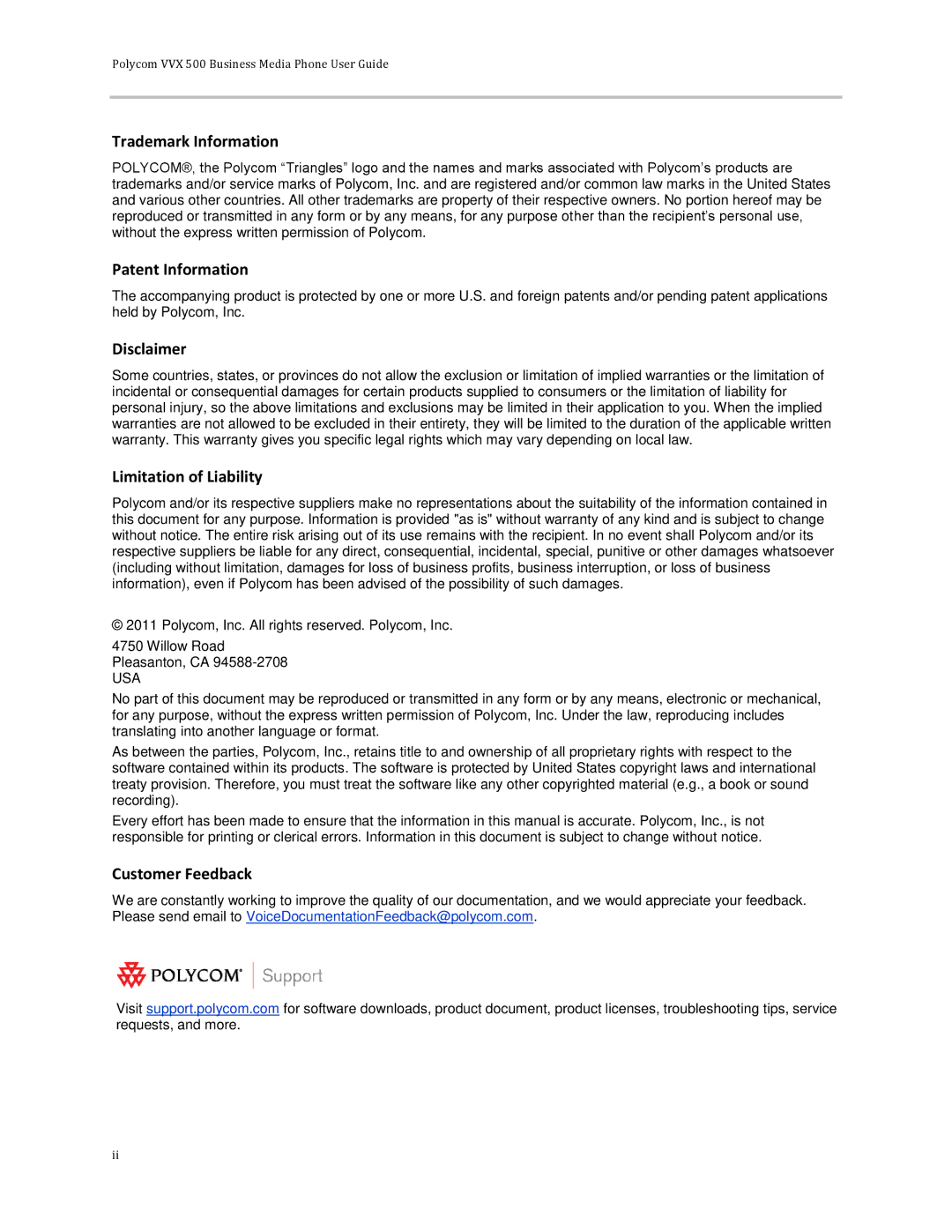 Polycom 500 manual Trademark Information, Patent Information, Disclaimer, Limitation of Liability, Customer Feedback 