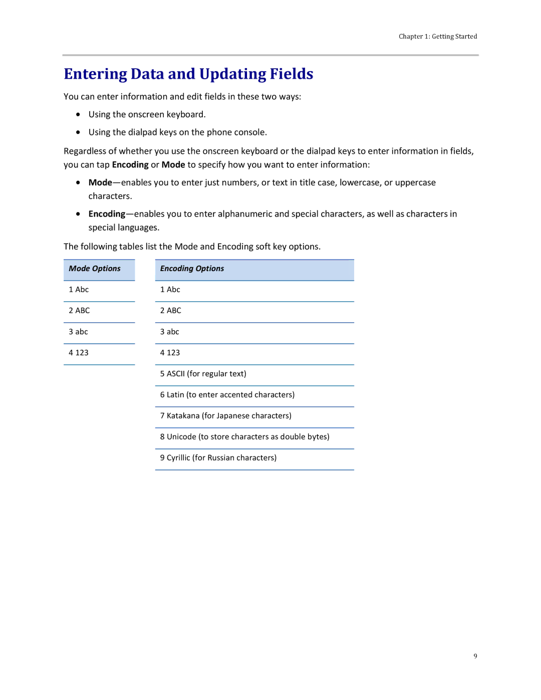 Polycom 500 manual Entering Data and Updating Fields, Encoding Options 