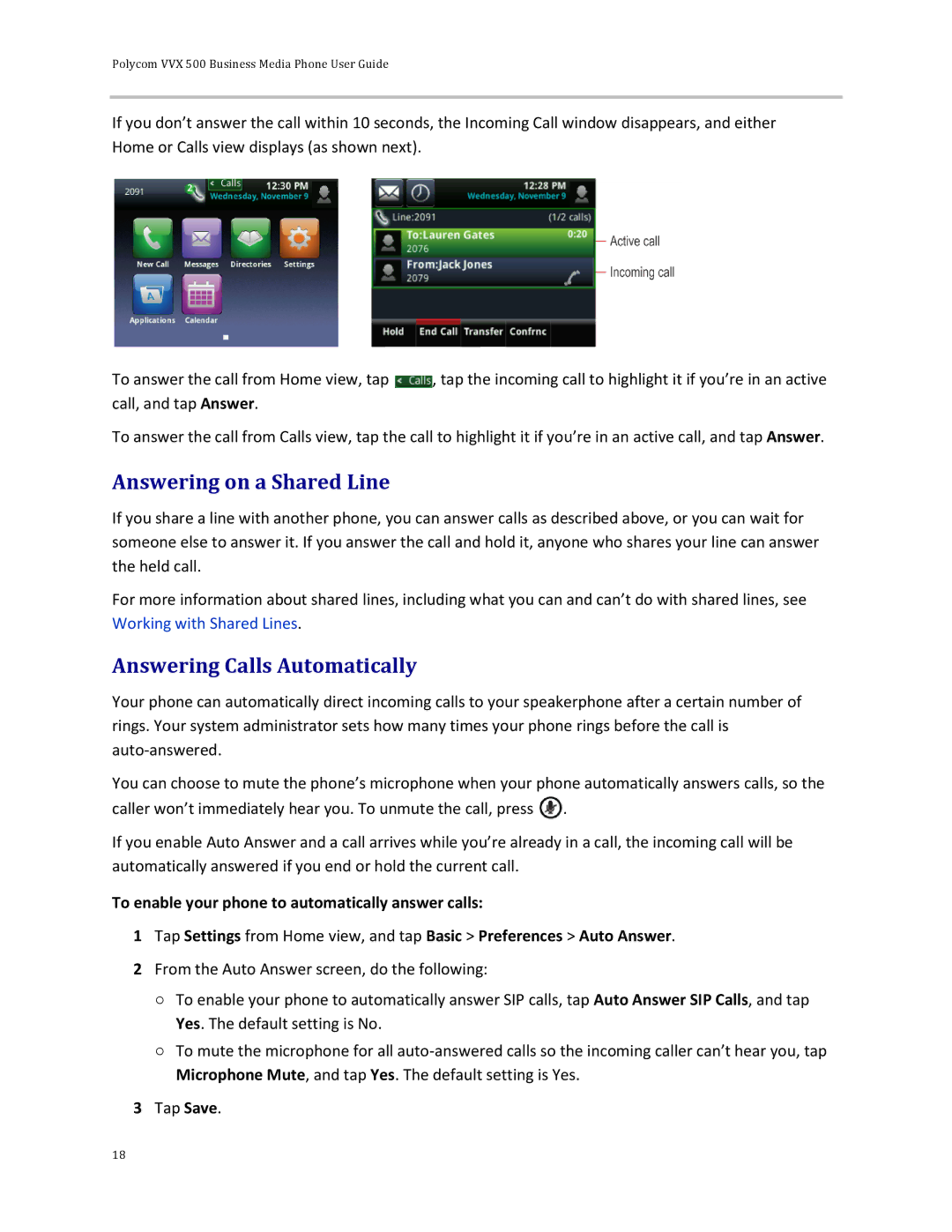 Polycom 500 manual Answering on a Shared Line, Answering Calls Automatically 