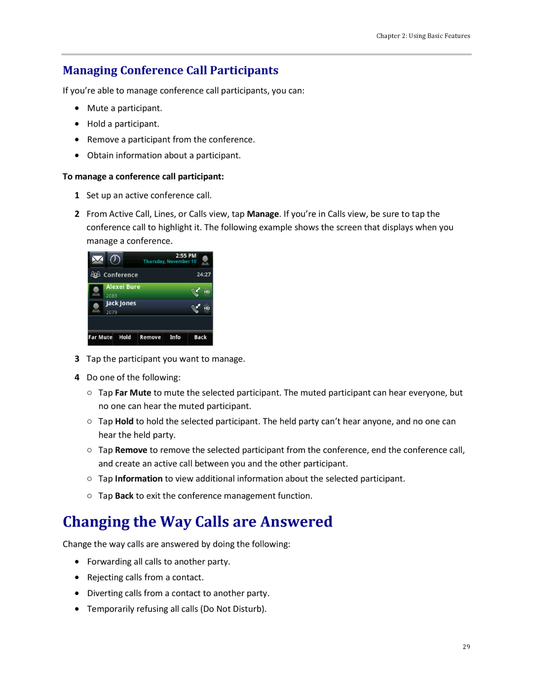 Polycom 500 manual Changing the Way Calls are Answered, Managing Conference Call Participants 