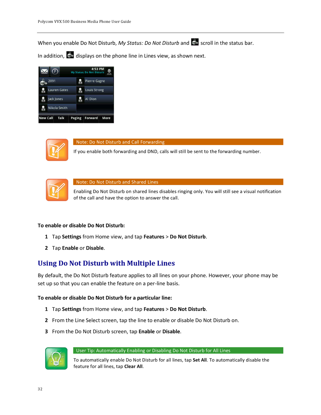 Polycom 500 manual Using Do Not Disturb with Multiple Lines 