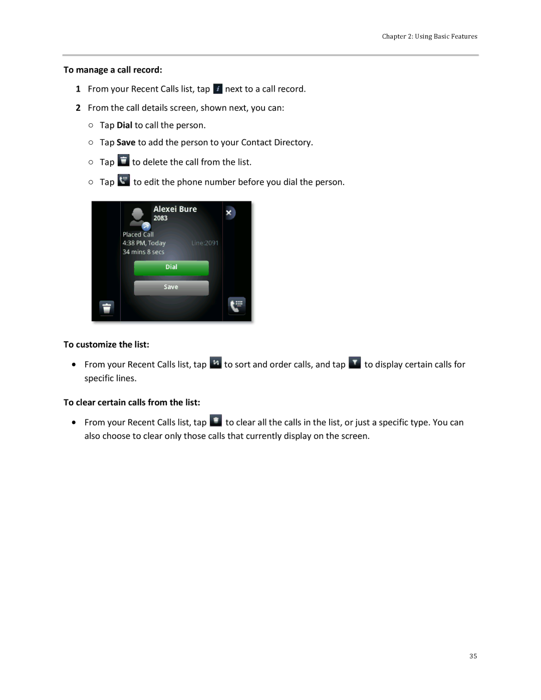 Polycom 500 manual To manage a call record, To customize the list, To clear certain calls from the list 