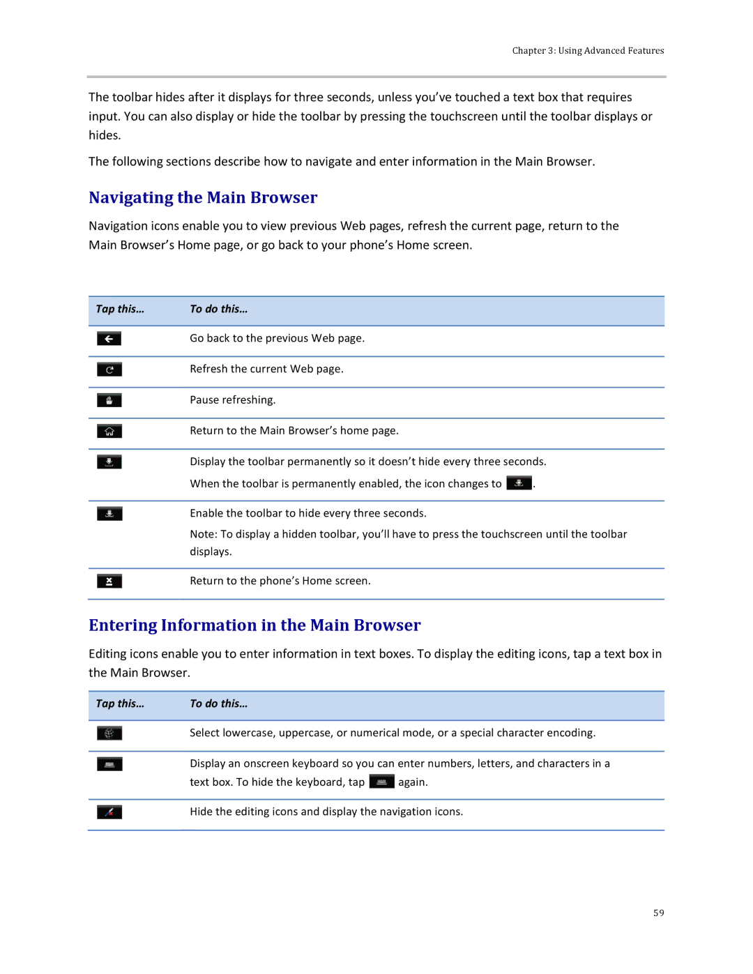 Polycom 500 manual Navigating the Main Browser, Entering Information in the Main Browser 