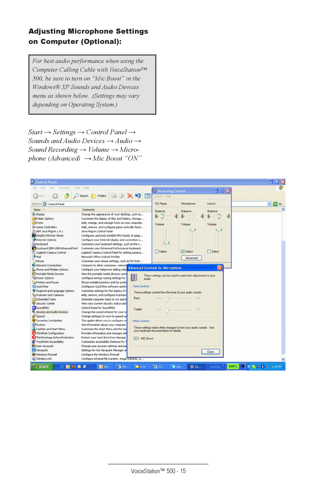 Polycom 500 manual Adjusting Microphone Settings on Computer Optional 