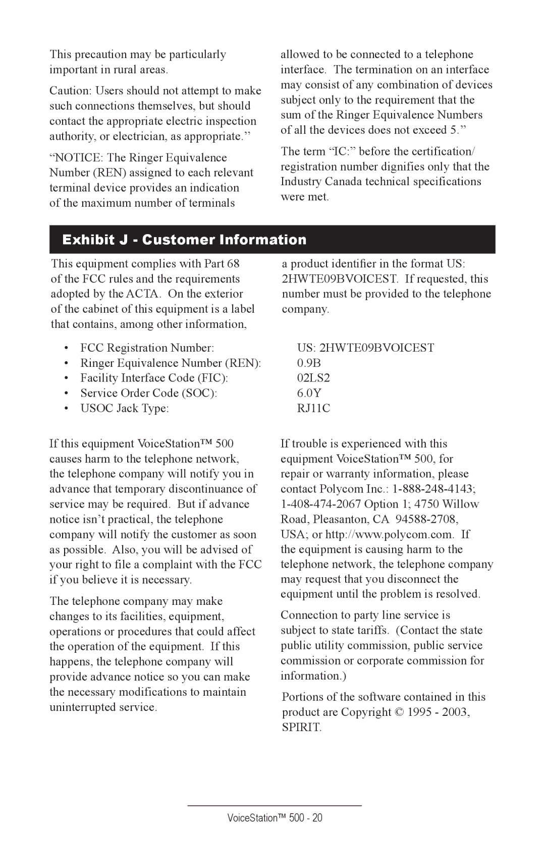 Polycom 500 manual Exhibit J Customer Information, US 2HWTE09BVOICEST 