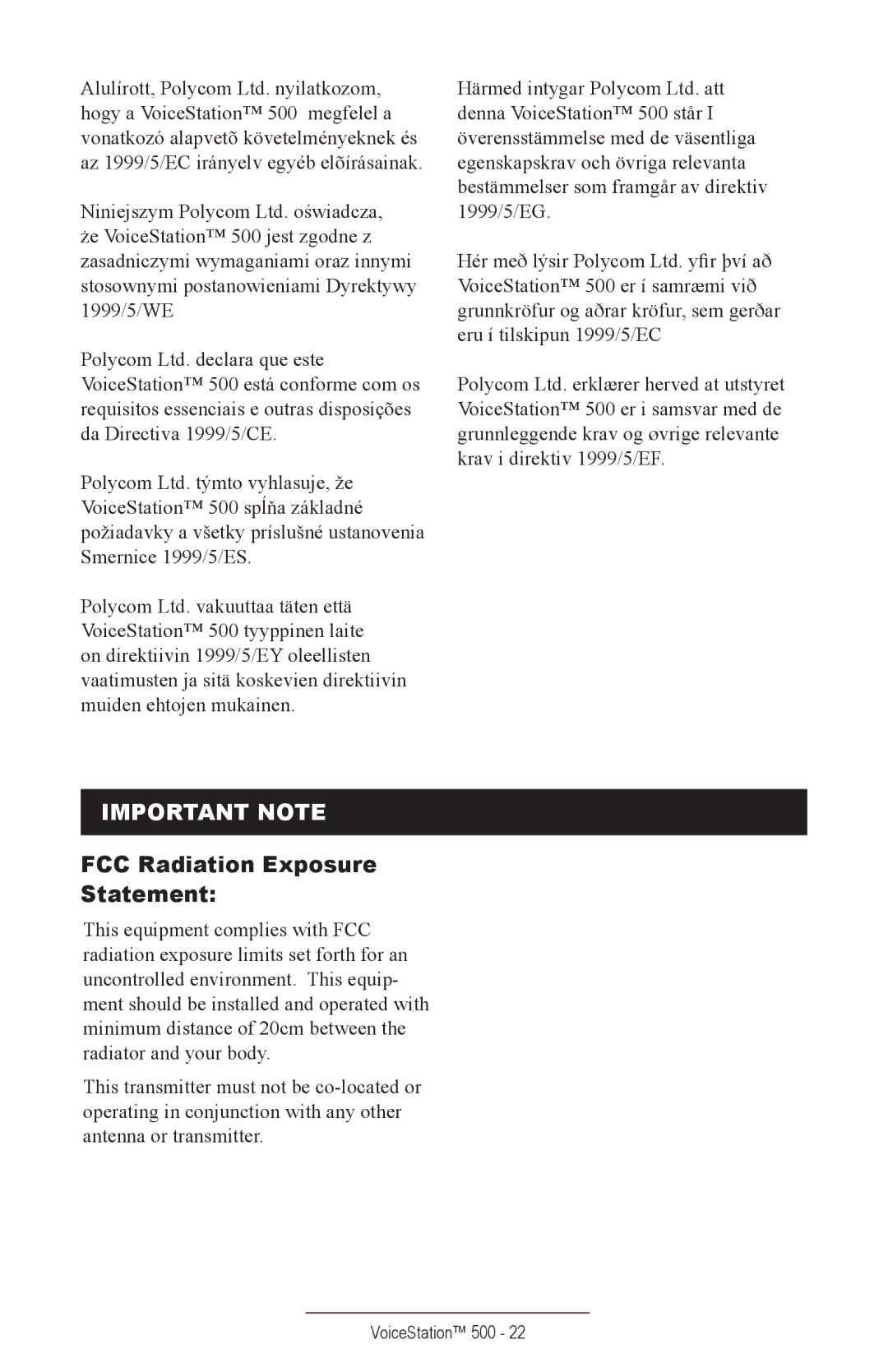 Polycom 500 manual Important Note, FCC Radiation Exposure Statement 