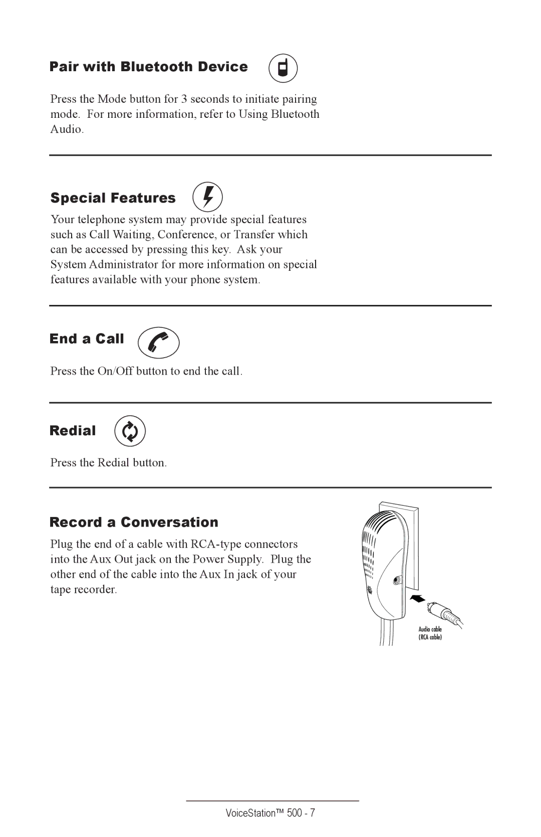 Polycom 500 manual Pair with Bluetooth Device, Special Features, End a Call, Redial, Record a Conversation 