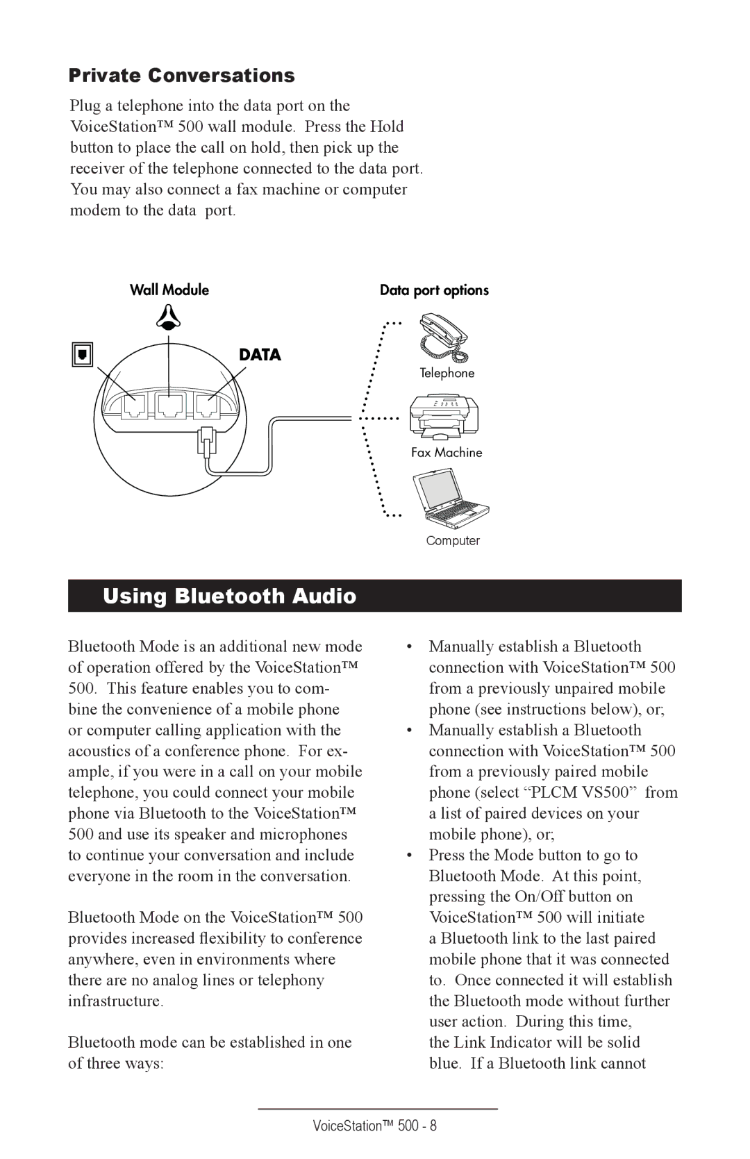 Polycom 500 manual Using Bluetooth Audio, Private Conversations 