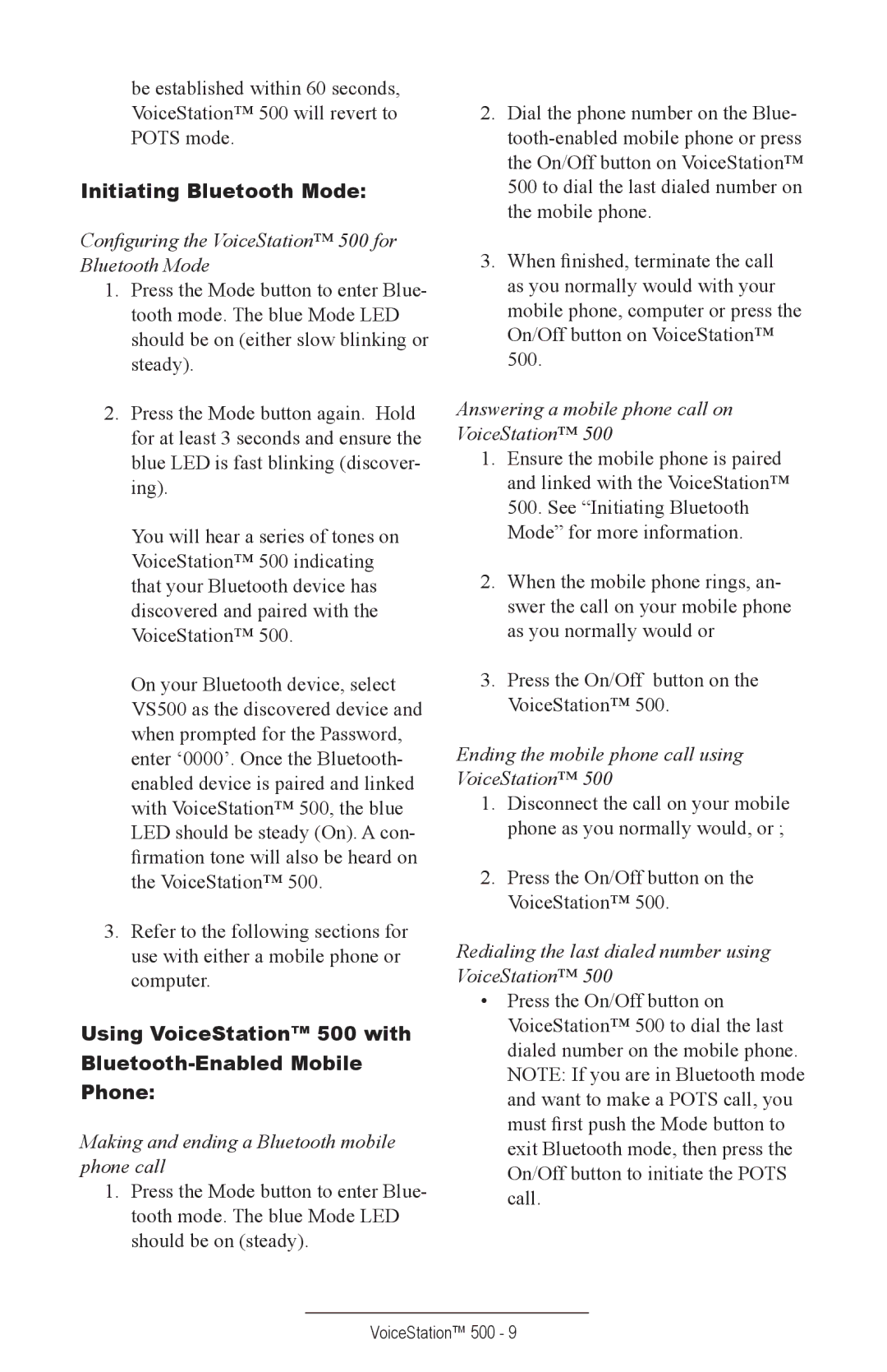 Polycom manual Initiating Bluetooth Mode, Using VoiceStation 500 with Bluetooth-Enabled Mobile Phone 
