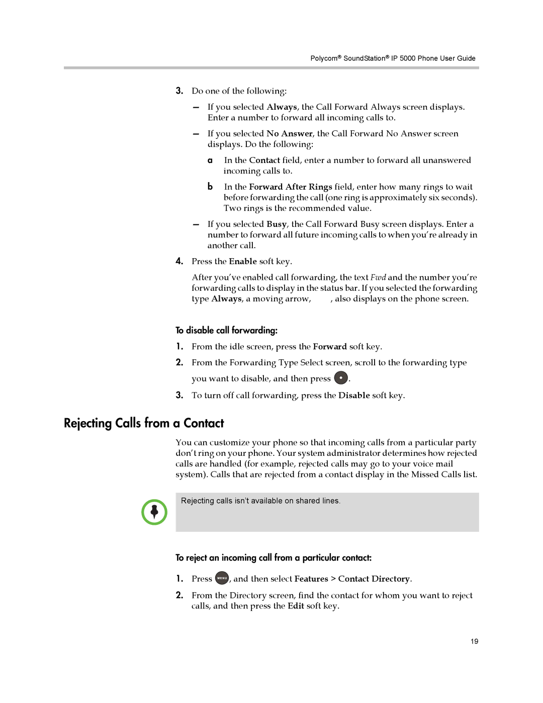 Polycom IP 5000 manual Rejecting Calls from a Contact 