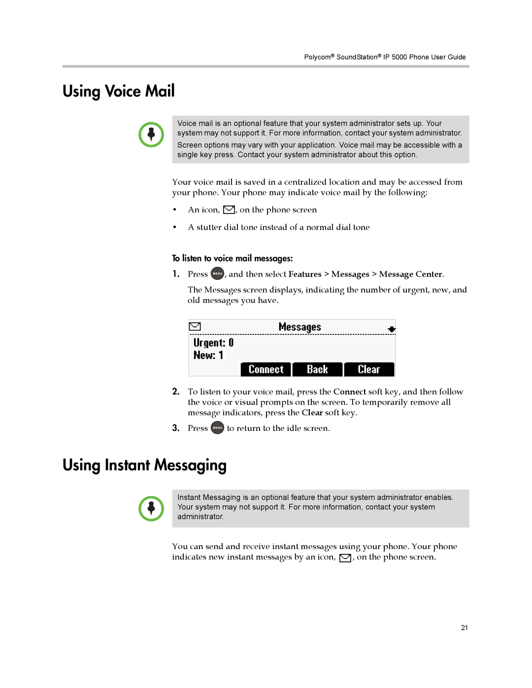 Polycom IP 5000 manual Using Voice Mail, Using Instant Messaging, Press , and then select Features Messages Message Center 