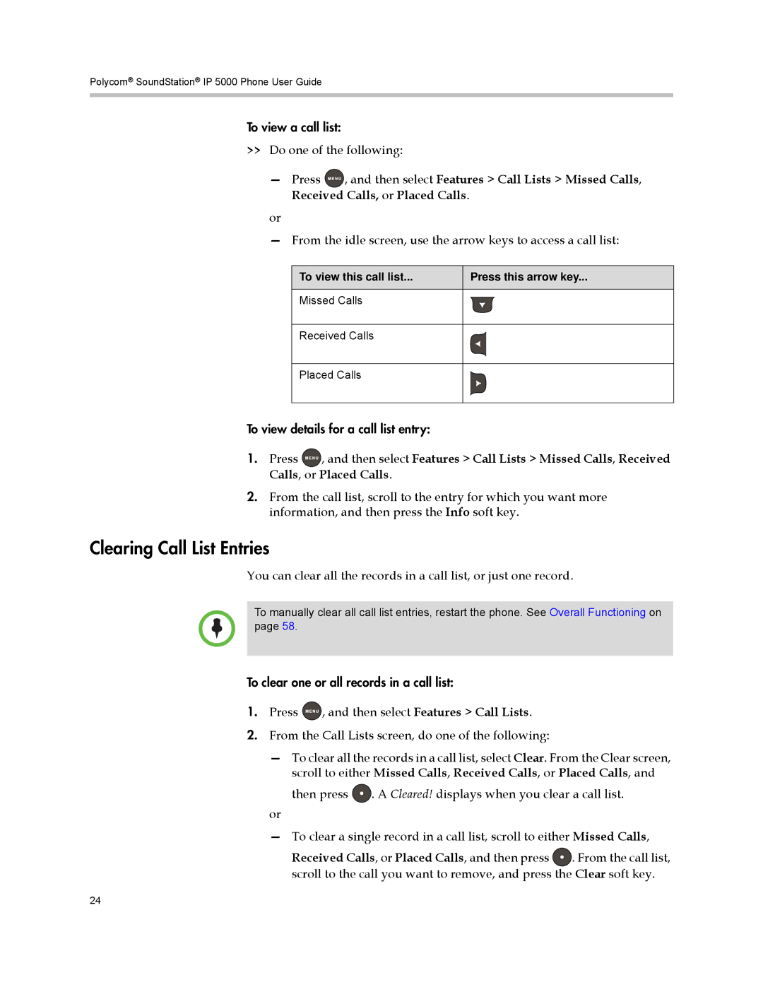 Polycom IP 5000 manual Clearing Call List Entries, To view this call list Press this arrow key 