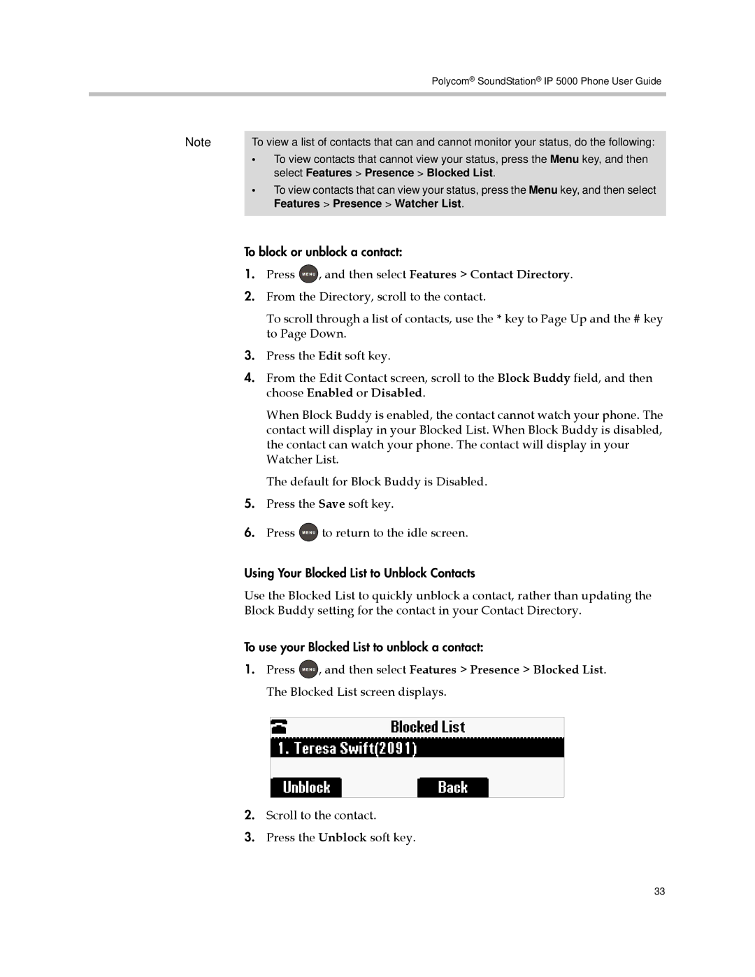 Polycom IP 5000 manual Select Features Presence Blocked List, Features Presence Watcher List 
