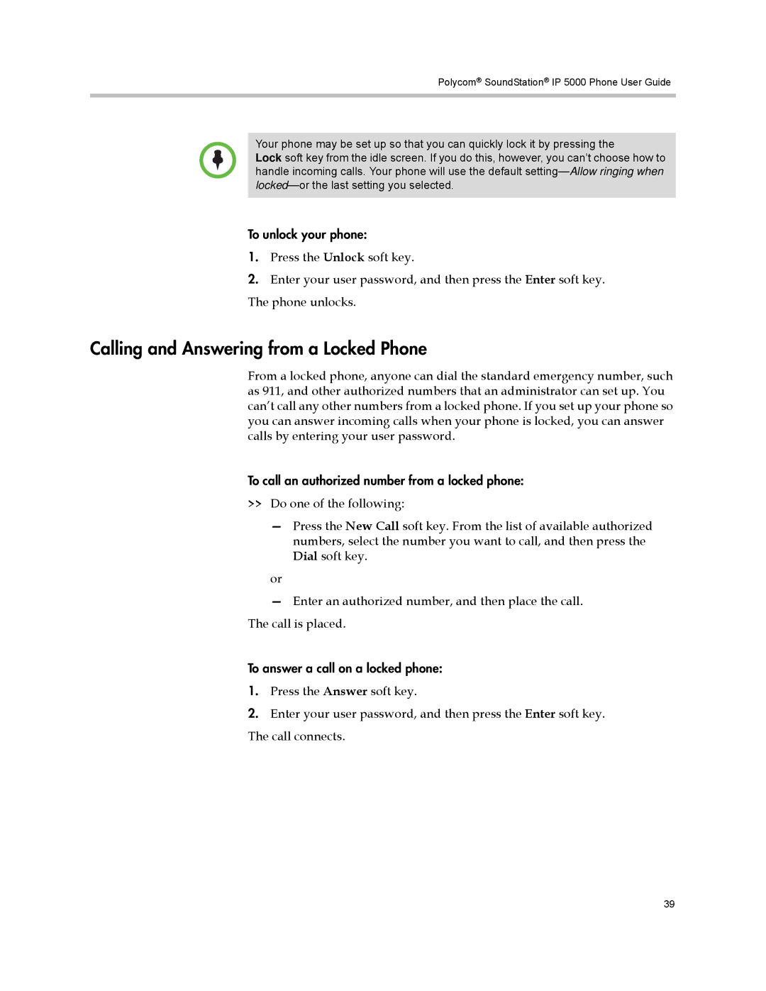 Polycom IP 5000 manual Calling and Answering from a Locked Phone 