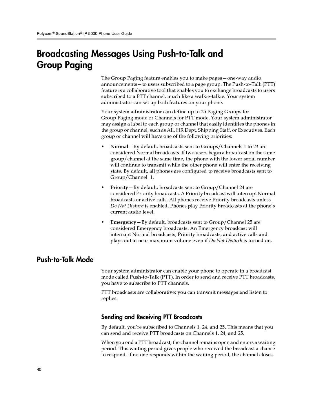 Polycom IP 5000 manual Broadcasting Messages Using Push-to-Talk and Group Paging, Push-to-Talk Mode 