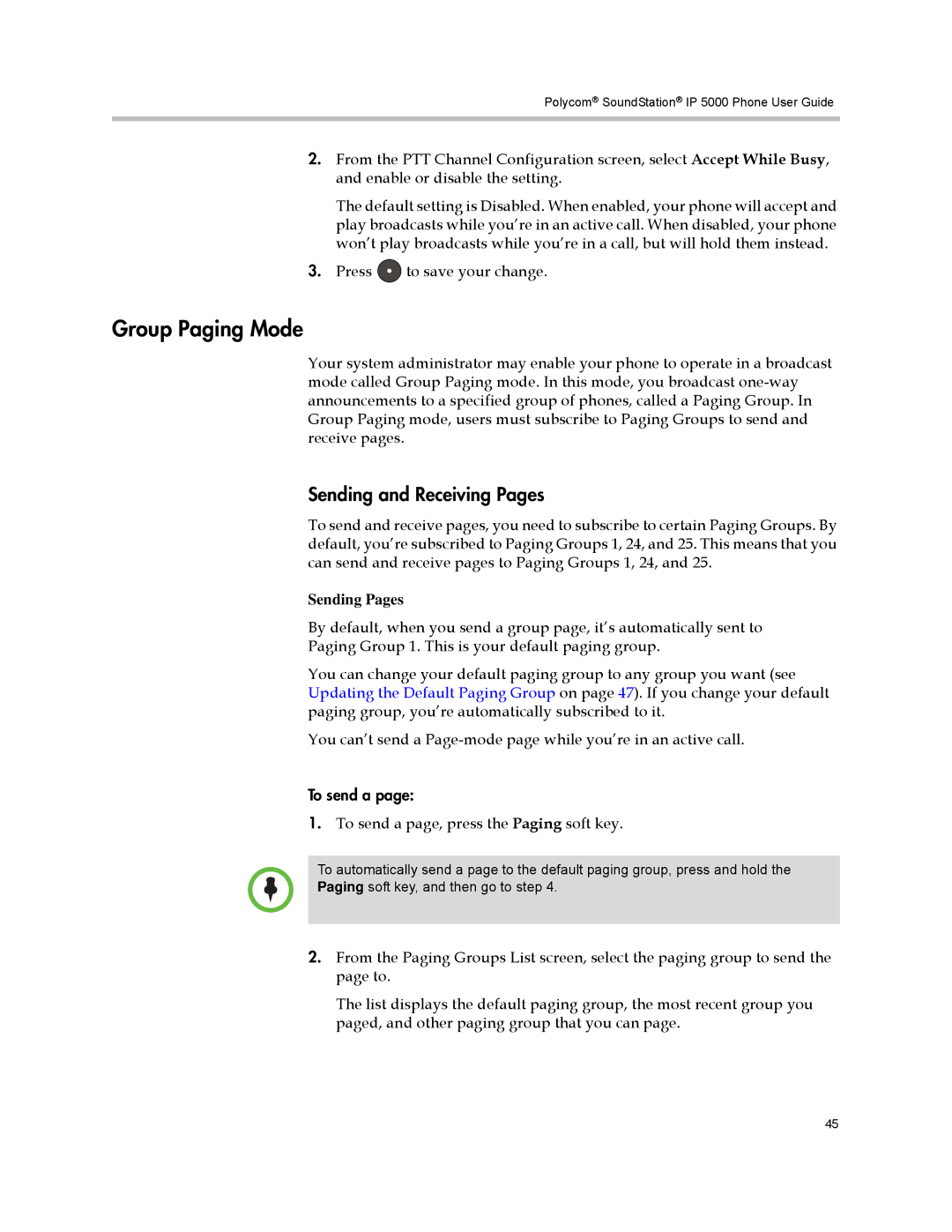 Polycom IP 5000 manual Group Paging Mode, Sending and Receiving Pages 